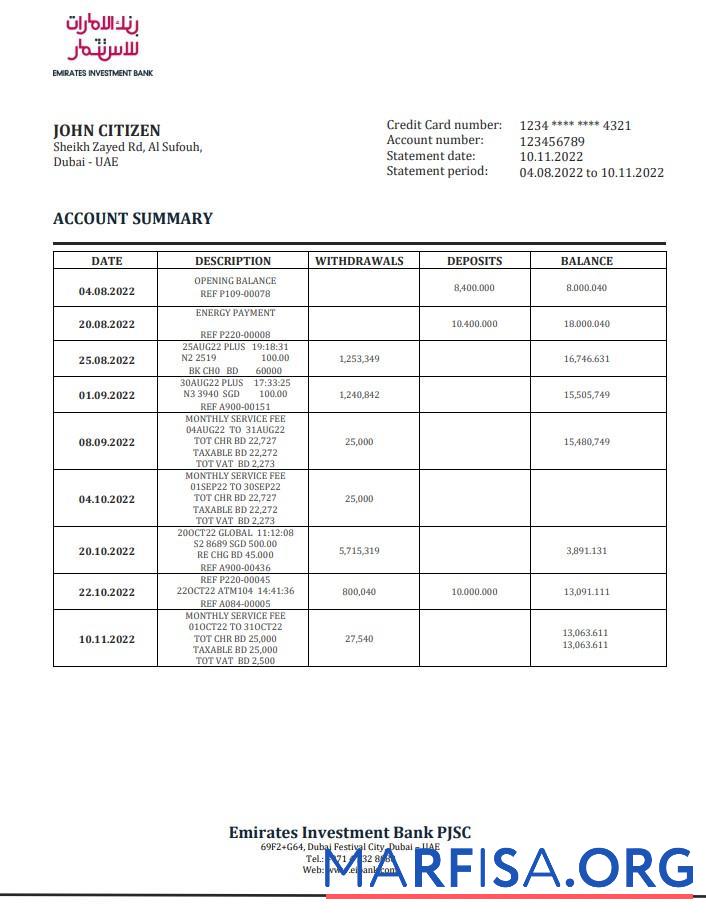 Downloadable UAE Investment bank statement word real example